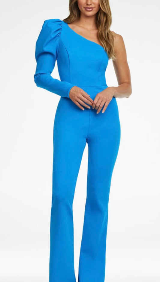 One Shoulder Puff Sleeve Jumpsuit - Blue